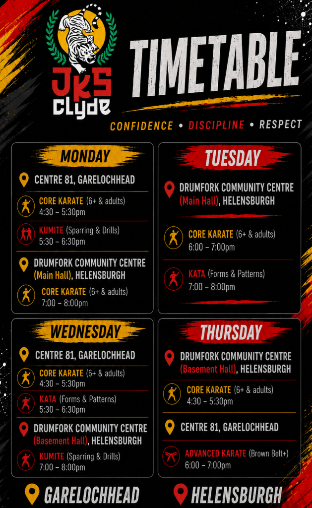 JKS Clyde weekly karate timetable for classes in Helensburgh and Garelochhead